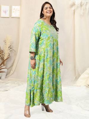 Pista green turquoise leaf floral print zari mirror embroidery anarkali rayon kurti stiched 2
