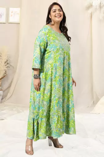 Pista green turquoise leaf floral print zari mirror embroidery anarkali rayon kurti stiched