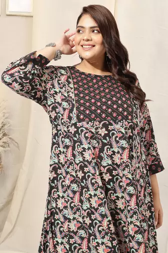 Black crimson floral print mirror work sequins anarkali rayon kurti stiched
