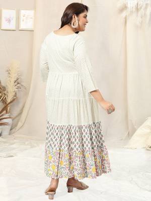 White grey block print floral print embroidery flared rayon kurti stiched 3
