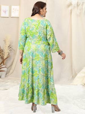 Pista green turquoise leaf floral print zari mirror embroidery anarkali rayon kurti stiched 3