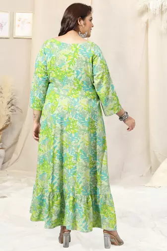 Pista green turquoise leaf floral print zari mirror embroidery anarkali rayon kurti stiched