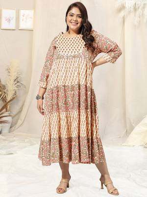Cream pink jaipur floral print mirror embroidery gotta patti flared rayon kurti stiched 1