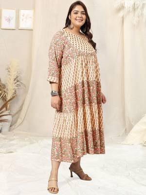 Cream pink jaipur floral print mirror embroidery gotta patti flared rayon kurti stiched 2