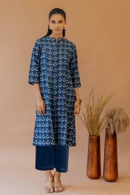 Blue cream princess line printed kantha work buttons cotton stiched kurta 1
