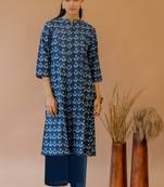 Blue cream princess line printed kantha work buttons cotton stiched kurta