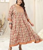 Light orange pink floral print zari mirror embroidery anarkali rayon kurti stiched