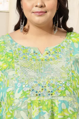 Pista green turquoise leaf floral print zari mirror embroidery anarkali rayon kurti stiched