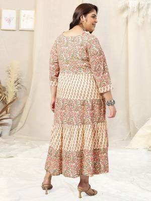 Cream pink jaipur floral print mirror embroidery gotta patti flared rayon kurti stiched 3
