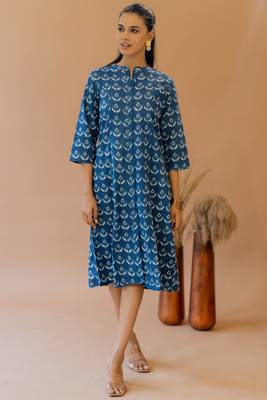 Blue cream princess line printed kantha work buttons cotton stiched kurta 2