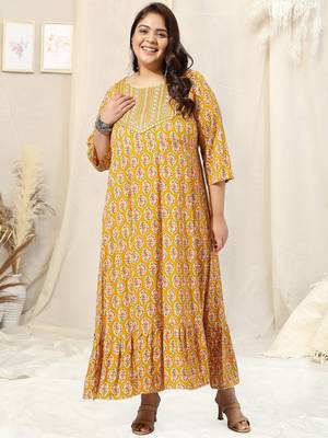 Mustard pink jaipur floral print block print zari mirror embroideryanarkali rayon kurti stiched 1