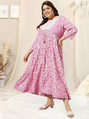 White pink batik print zari embroidery gotta patti anarkali rayon kurti stiched 2