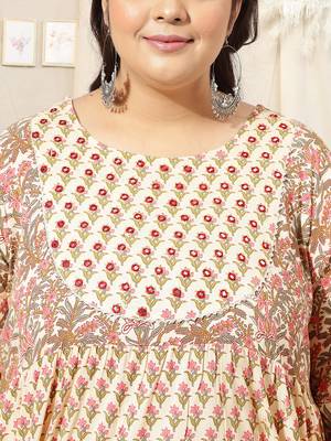 Cream pink jaipur floral print mirror embroidery gotta patti flared rayon kurti stiched 4