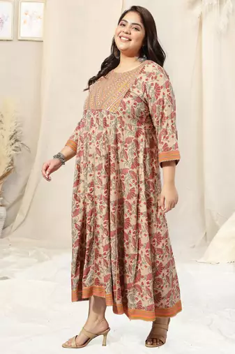 Light orange pink floral print zari mirror embroidery anarkali rayon kurti stiched