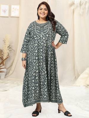 Navy blue grey batik print sequins embroidery mirror work anarkali rayon kurti stiched 1