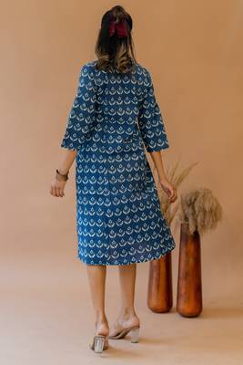 Blue cream princess line printed kantha work buttons cotton stiched kurta 3