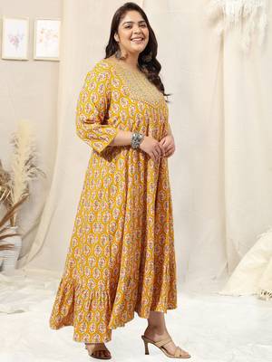 Mustard pink jaipur floral print block print zari mirror embroideryanarkali rayon kurti stiched 2