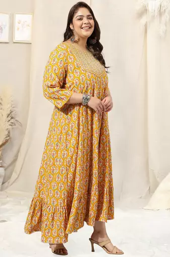 Mustard pink jaipur floral print block print zari mirror embroideryanarkali rayon kurti stiched