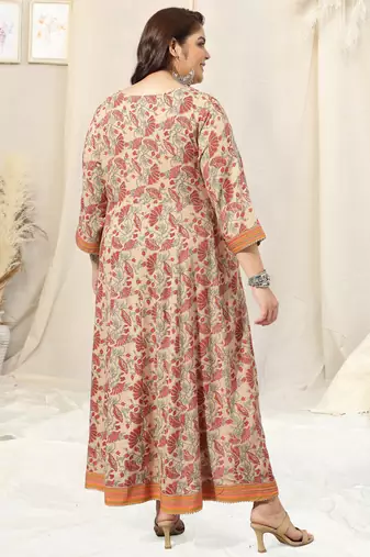 Light orange pink floral print zari mirror embroidery anarkali rayon kurti stiched
