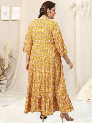 Mustard pink jaipur floral print block print zari mirror embroideryanarkali rayon kurti stiched 3