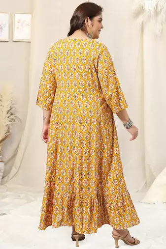 Mustard pink jaipur floral print block print zari mirror embroideryanarkali rayon kurti stiched