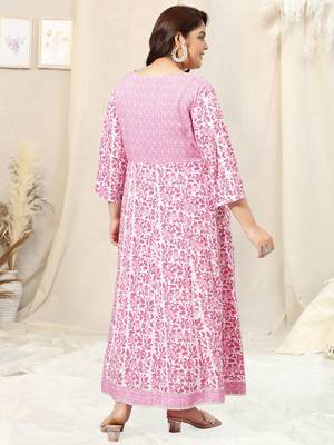 White pink batik print zari embroidery gotta patti anarkali rayon kurti stiched 3