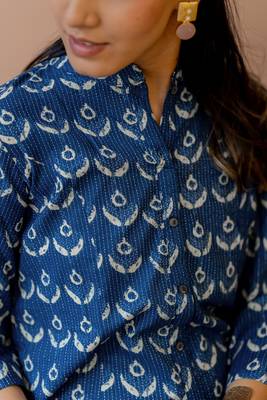Blue cream princess line printed kantha work buttons cotton stiched kurta 4