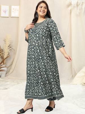 Navy blue grey batik print sequins embroidery mirror work anarkali rayon kurti stiched 2