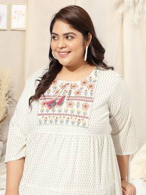 White grey block print floral print embroidery flared rayon kurti stiched 5