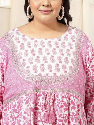 White pink batik print zari embroidery gotta patti anarkali rayon kurti stiched 4
