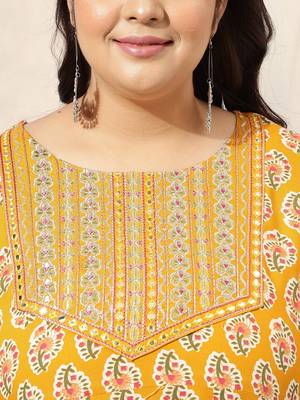 Mustard pink jaipur floral print block print zari mirror embroideryanarkali rayon kurti stiched 4