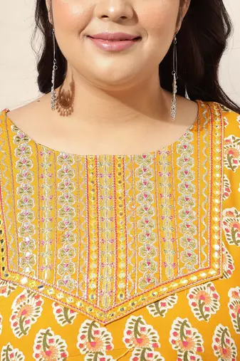 Mustard pink jaipur floral print block print zari mirror embroideryanarkali rayon kurti stiched