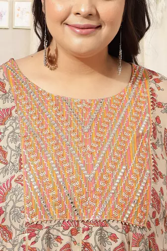 Light orange pink floral print zari mirror embroidery anarkali rayon kurti stiched