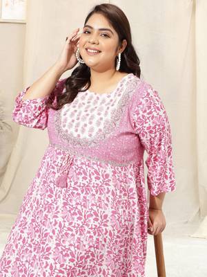 White pink batik print zari embroidery gotta patti anarkali rayon kurti stiched 5