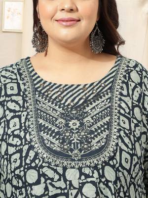 Navy blue grey batik print sequins embroidery mirror work anarkali rayon kurti stiched 4