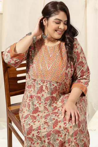 Light orange pink floral print zari mirror embroidery anarkali rayon kurti stiched