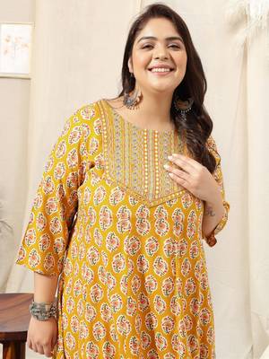 Mustard pink jaipur floral print block print zari mirror embroideryanarkali rayon kurti stiched 5
