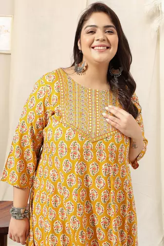 Mustard pink jaipur floral print block print zari mirror embroideryanarkali rayon kurti stiched