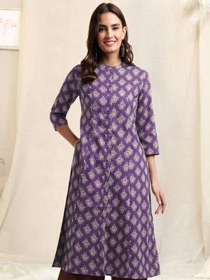 Purple off white maroon princess line printed kantha work buttons cotton stiched kurta 1
