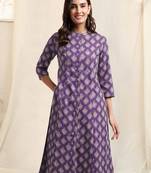 Purple off white maroon princess line printed kantha work buttons cotton stiched kurta