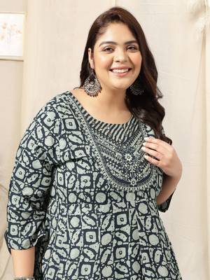 Navy blue grey batik print sequins embroidery mirror work anarkali rayon kurti stiched 5