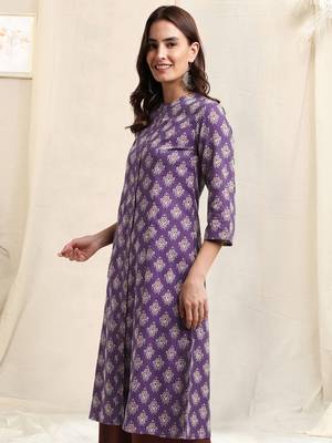 Purple off white maroon princess line printed kantha work buttons cotton stiched kurta 2