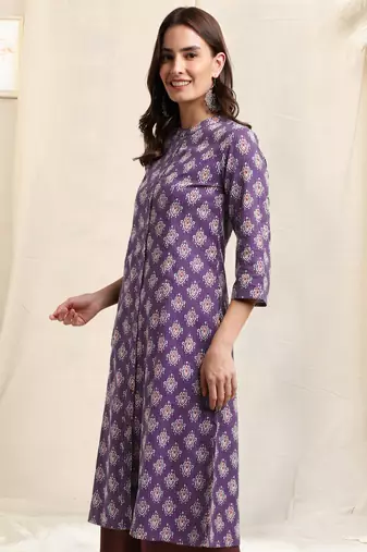 Purple off white maroon princess line printed kantha work buttons cotton stiched kurta
