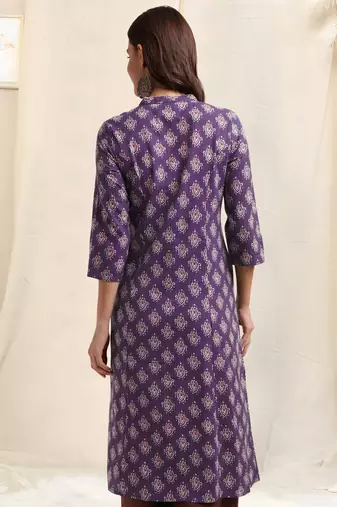 Purple off white maroon princess line printed kantha work buttons cotton stiched kurta