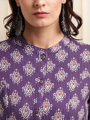 Purple off white maroon princess line printed kantha work buttons cotton stiched kurta 4