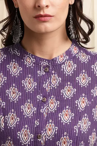 Purple off white maroon princess line printed kantha work buttons cotton stiched kurta