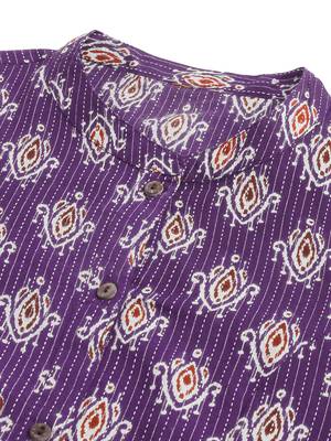 Purple off white maroon princess line printed kantha work buttons cotton stiched kurta 5