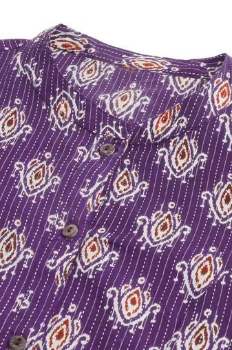 Purple off white maroon princess line printed kantha work buttons cotton stiched kurta