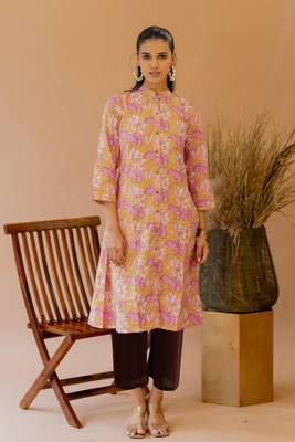 Mustard coral princess line printed kantha work buttons cotton stiched kurta 1