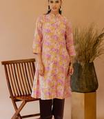 Mustard coral princess line printed kantha work buttons cotton stiched kurta